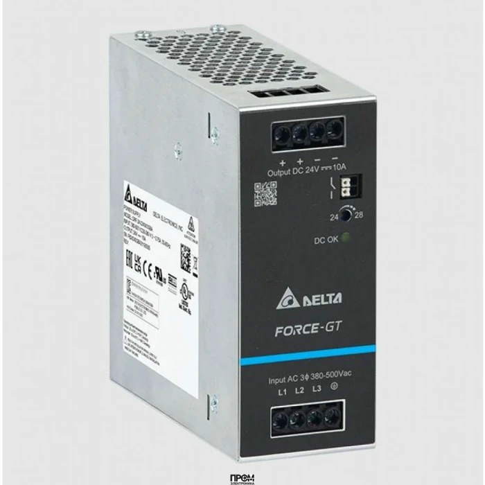 DRF-24V240W3GBA, Источник питания, трехфазный, 24VDC / 10A, 240W; диапазон входных напряжений: 3x320 - 575VAC, габариты (мм): 50х124х125, вес 0,84 кг, монтаж: на DIN рейку