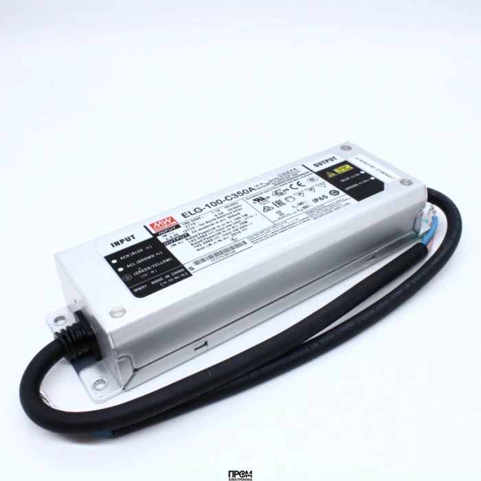 ELG-100-C350A-3Y, AC-DC, 100.1Вт, IP65, вход 100…305В AC, 47…63Гц/142…431В DC, ККМ, выход 143…286В/350мА, рег. тока 50...100%, изоляция 3750В AC, в кожухе 199х63х35.5, -40…+70°С, с проводом заземления