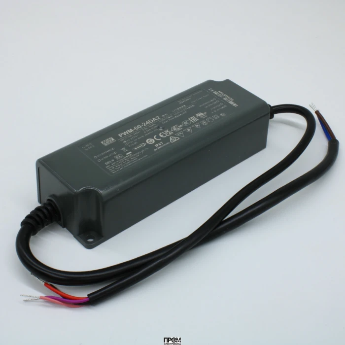 PWM-60-24DA2, AC-DC, 60Вт, ККМ, IP67, вход 90…305В AC, 47…63Гц /127…431В DC, выход 24В/2.5А, изоляция 3750В AC, пластиковый корпус 150х53х35мм, -40…+85°С, выход: стабилизированное напряжение с ШИМ, DALI-2 димминг