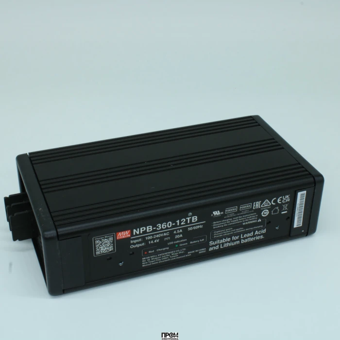 NPB-360-12TB, AC/DC зарядное устройство, 14.4V/20A, вход 90…264VA C, 47…63Гц /127…370В DC, изоляция 3000В AC, PFC, для свинцовых (обслуживаемых, гелевых, AGM) и Li-ion (Fe, Mn), 3 стадии заряда, 182.7*96*49мм, -30…+70°С