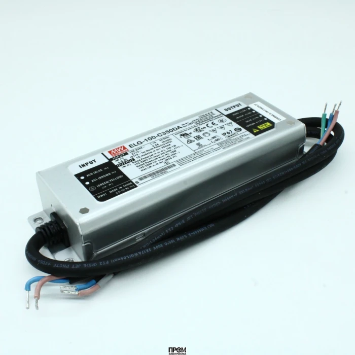 ELG-100-C350DA-3Y, AC-DC, 100.1Вт, IP65, вход 100…305В AC, 47…63Гц/142…431В DC, ККМ, выход 143…286В/350мА, изоляция 3750В AC, в кожухе 199х63х35.5, -40…+70°С, DALI димминг, с проводом заземления