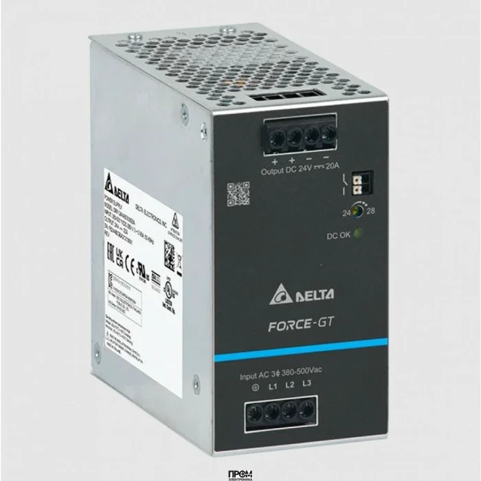 DRF-24V480W3GBA, Источник питания, трехфазный, 24VDC / 20A, 480W, диапазон входных напряжений: 3x320 - 575VAC, габариты (мм): 124x65x127.3, вес 1,2 кг, монтаж: на DIN рейку
