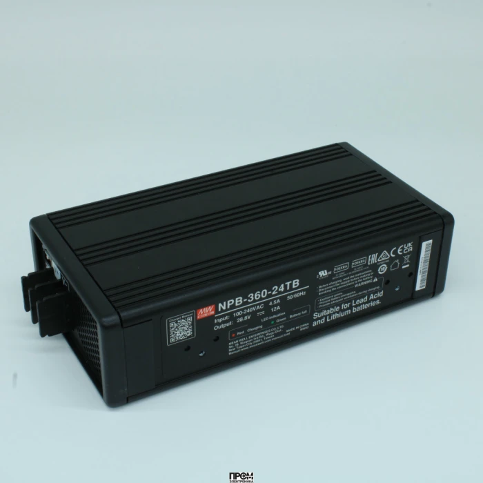 NPB-360-24TB, AC/DC зарядное устройство, 28.8V/12A, вход 90…264VA C, 47…63Гц /127…370В DC, изоляция 3000В AC, PFC, для свинцовых (обслуживаемых, гелевых, AGM) и Li-ion (Fe, Mn), 3 стадии заряда, 182.7*96*49мм, -30…+70°С
