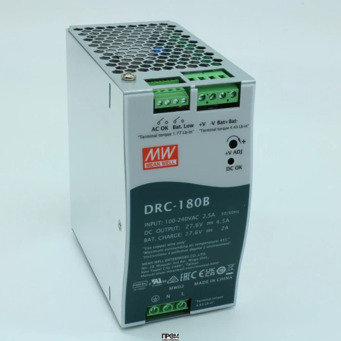 DRC-180B, AC-DC с функцией UPS, 179.4Вт, вход 90...264В АС/127...370В DC, выход 1: 27.6В/0…4.5А, выход зарядного устройства 27.6В/2А, изоляция 3000В АС, в корпусе 63х125.2х115мм, -20...+70°С
