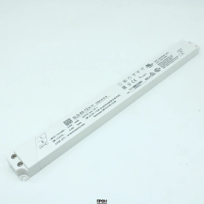 SLD-80-12, AC-DC, 79.2Вт, вход 110…305В AC, 47…63Гц/155…431В DC, ККМ, 12В/6.6А, изоляция 3750В AC, в кожухе 320х30х16.8, -20…+90°С (корпус)