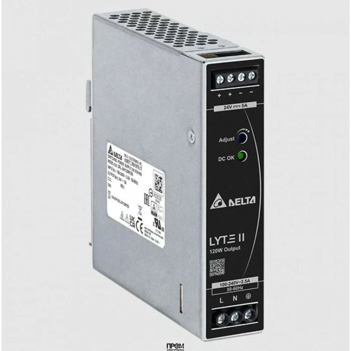 DRL-24V120W1EN, Источник питания, однофазный, 24VDC / 5A, 120W, диапазон входных напряжений: 94 - 264VAC; габариты (мм): 123,6x30x116,8, вес 0,45 кг, монтаж: на DIN рейку