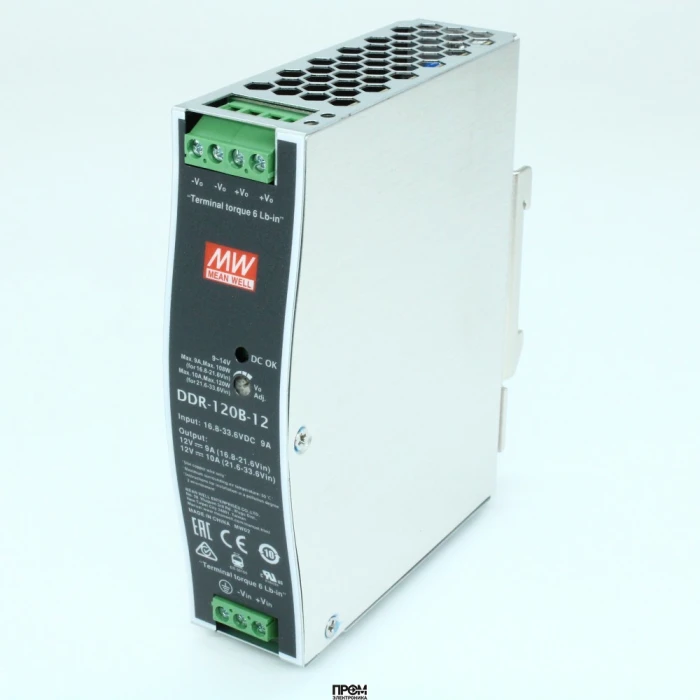 DDR-120B-12, DC-DC, 120Вт, вход 16.8…33.6В DC, выход 12В/10А, изоляция 4000В DC, в кожухе на DIN-рейку, 32х125.2х102мм, -40...+70°С