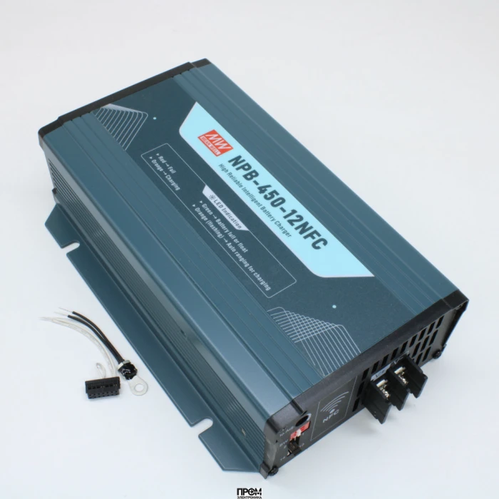 NPB-450-12NFC, AC/DC зарядное устройство, 14.4V/25A, вход 90…264VA C, 47…63Гц /127…370В DC, изоляция 3000В AC, PFC, CAN, NFC, программируемый, для свинцовых (обслуживаемых, гелевых, AGM) и Li-ion (Fe, Mn), 4 стадии заряда, 205*135*55мм, -30…+70°С