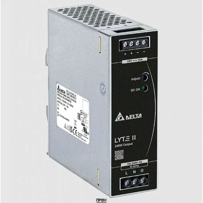 DRL-24V240W1EN, Источник питания, однофазный, 24VDC / 10A, 240W; диапазон входных напряжений: 94 - 264VAC; габариты (мм): 123,6x40x116,8, вес 0,62 кг, монтаж: на DIN рейку