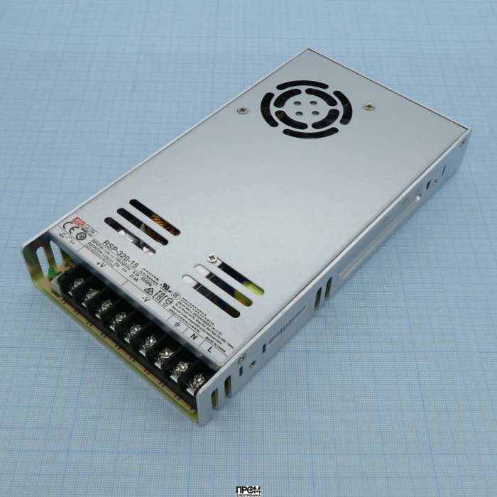 RSP-320-15, AC-DC, 320Вт, ККМ, вход 88…264V AC, 47…63Гц /124…370В DC, выход 15В/21.4A, рег. вых 13.5…18В, изоляция 3000В AC, в корпусе 215х115х30мм, -30…+70°С