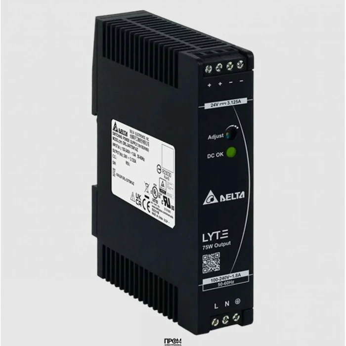 DRL-24V75W1AZ, Источник питания, однофазный, 24VDC / 3,125A, 75W, диапазон входных напряжений: 85 - 264VAC, габариты (мм): 123.6x27x102, вес 0,22 кг, монтаж: на DIN рейку