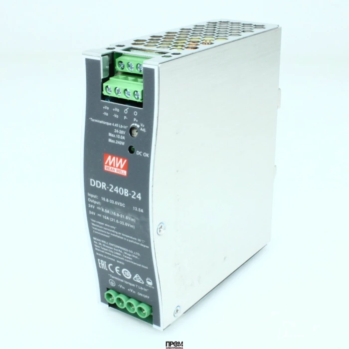 DDR-240B-24, DC-DC, 240Вт, вход 16.8…33.6 В DC, выход 24В/10А, изоляция 4000В DC, в кожухе на DIN-рейку, 40х125.2х113.5мм, -40...+70°С