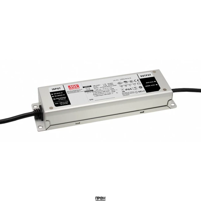 ELG-150-12A, AC-DC, 150Вт, IP65, вход 100…305В AC, 47…63Гц/142…431В DC, ККМ, выход 6...12В/10А, изоляция 3750В AC, в кожухе 219х63х35,5мм, -40…+70°С, рег.выхода